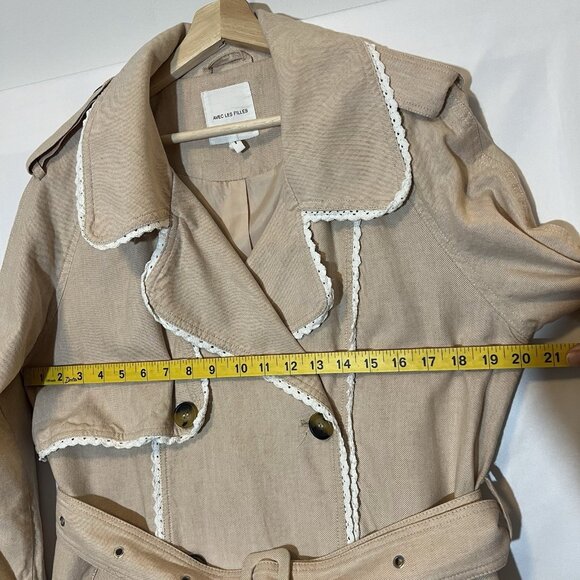 Avec Les Filles Anthropologie Rickrack Trench coat Beige Large Cotton Linen Lace - Picture 8 of 16